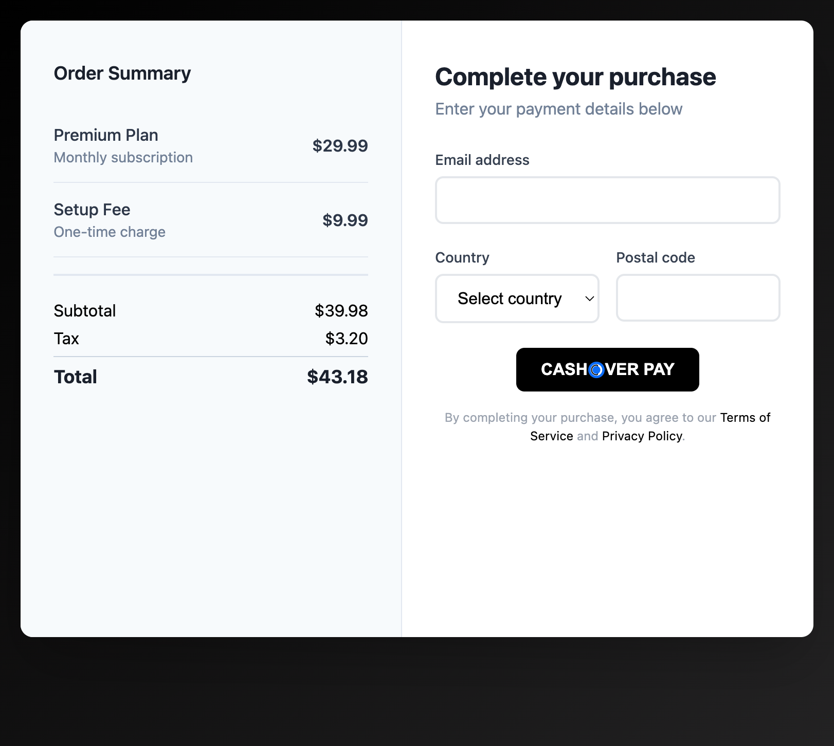 CashOver Web SDK Screenshot